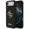 Czarne etui na telefon z widocznym logo "Guess" oraz ozdobnym wzorem z literami "G" i "U" na tylnej części. Etui jest założone na telefon, którego ekran jest częściowo widoczny.