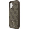 Brązowe etui na telefon z wzorem w logo 4G, posiada wycięcia na aparat i przyciski. Na dole widoczny jest napis "GUESS" oraz metalowe logo marki.