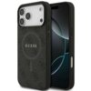 Czarne etui na telefon z widocznym logo "GUESS" oraz wzorem w kształcie okręgu, zaprojektowane dla modelu iPhone z trzema aparatami. Obok etui znajduje się telefon z wyświetlaczem pokazującym abstrakcyjny wzór.