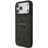 Czarne etui na telefon z widocznym logo "GUESS" na tle wzoru 4G, posiada wycięcia na aparat i przyciski. Etui jest kompatybilne z technologią MagSafe.