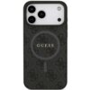 Czarne etui na telefon z wzorem 4G i napisem "GUESS" na środku, posiada okrągły symbol MagSafe. W górnej części widoczne są trzy otwory na aparaty i jeden na lampę błyskową.