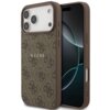 Brązowe etui na telefon z wzorem 4G i napisem "GUESS" na środku, zaprojektowane dla Apple iPhone 17 Pro Max, z funkcją MagSafe. Etui ma wycięcia na aparat i przyciski, a jego powierzchnia jest ozdobiona powtarzającym się motywem logo.