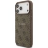 Brązowe etui na telefon z teksturą w drobny wzór i napisem "GUESS" na środku. Etui posiada wycięcia na aparat i przyciski boczne.
