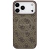 Brązowe etui na telefon z wzorem 4G i napisem "GUESS" na środku, posiada okrągły element na tylnej części. W górnej części widoczne są wycięcia na trzy obiektywy aparatu i lampę błyskową.