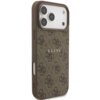 Brązowe etui na telefon z wzorem 4G i napisem "GUESS" na środku, zaprojektowane dla modelu Apple iPhone 17 Pro Max. Etui posiada wycięcia na aparat i przyciski, a jego powierzchnia jest ozdobiona klasycznym logo.