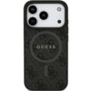 Czarne etui na telefon z wzorem 4G i napisem "GUESS" na środku, posiada okrągły symbol MagSafe. W górnej części widoczne są trzy obiektywy aparatu i lampa błyskowa telefonu.