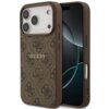 Brązowe etui na telefon z wzorem 4G i napisem "GUESS" na środku, zaprojektowane dla modelu iPhone z trzema aparatami. Etui posiada wycięcia na przyciski i porty, a jego powierzchnia ma teksturę przypominającą tkaninę.