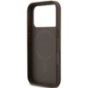 Brązowe etui na telefon z dużym otworem na aparat, wewnątrz widoczny jest okrągły wzór z napisem "GUESS EST 1981". Etui posiada wycięcia na przyciski i porty.