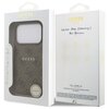 Opakowanie etui GUESS 4G Ring Classic Logo MagSafe do Apple iPhone 17 Pro w kolorze brązowym, z widocznym logo GUESS na przodzie oraz napisami "NEVER STOP DREAMING!! Paul Marciano" na odwrocie. Na opakowaniu znajdują się również piktogramy przedstawiające