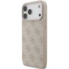 Etui na telefon w kolorze różowym z teksturowanym wzorem 4G, posiada wycięcia na aparat i przyciski. Na dole widoczny jest złoty napis "GUESS".
