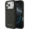 Czarne etui na telefon z teksturowanym wzorem i napisem "GUESS" w dolnej części, widoczne na tle telefonu z trzema obiektywami aparatu. Etui ma wycięcia na przyciski i porty urządzenia.