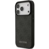 Czarne etui na telefon z teksturowanym wzorem i trzema otworami na aparaty, z widocznym napisem "GUESS" na dole. Etui ma elegancki design z wyraźnym logo producenta.