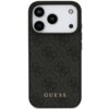Czarne etui na telefon z teksturą wytłoczonych wzorów i napisem "GUESS" w dolnej części. Etui jest dopasowane do modelu telefonu z trzema widocznymi obiektywami aparatu.