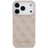 Etui na telefon w kolorze różowym z wzorem 4G, ozdobione logo "GUESS" na dole. W górnej części widoczne są trzy otwory na aparaty oraz dwa mniejsze na inne elementy telefonu.
