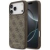 Brązowe etui na telefon z wzorem 4G i napisem "GUESS" na dole, zaprojektowane dla modelu Apple iPhone 17 Pro Max. Etui posiada wycięcia na aparat i przyciski boczne.