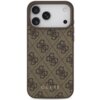 Brązowe etui na telefon z wzorem w ciemne, splecione litery "G" na całej powierzchni, z widocznym logo "GUESS" na dole. Etui jest dopasowane do modelu telefonu z trzema obiektywami aparatu i lampą błyskową.
