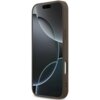 Brązowe etui na telefon z widocznymi przyciskami bocznymi, dopasowane do modelu iPhone. Na ekranie telefonu widoczny jest abstrakcyjny wzór z ciemnymi i jasnymi okręgami.
