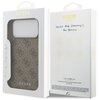 Opakowanie etui GUESS 4G Classic do Apple iPhone 17 Pro Max w kolorze brązowym, z widocznym wzorem logo GUESS i napisem "NEVER STOP DREAMING!! Paul Marciano". Na opakowaniu znajdują się również piktogramy przedstawiające cechy produktu oraz logo GUESS EST