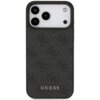 Czarne etui na telefon z wzorem w logo, z wycięciami na trzy obiektywy aparatu i lampę błyskową. Na dole etui widoczny jest napis "GUESS".