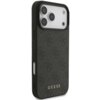 Czarne etui na telefon z teksturowanym wzorem i trzema wycięciami na aparaty, z widocznym napisem "GUESS" w dolnej części. Produkt przeznaczony jest do modelu Apple iPhone 17 Pro Max.
