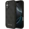 Czarne etui na telefon z teksturą i wzorem, z widocznym napisem "GUESS" na dole. Obok etui znajduje się telefon z wyświetlaczem pokazującym abstrakcyjny wzór w ciemnych kolorach.