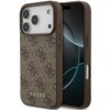 Brązowe etui na telefon z wzorem 4G i napisem "GUESS" na dole, przeznaczone dla modelu Apple iPhone 17 Pro. Etui ma wycięcia na aparat i przyciski, a jego powierzchnia jest teksturowana.