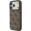 Brązowe etui na telefon z wzorem 4G i logo "GUESS" na dole, zaprojektowane dla Apple iPhone 17 Pro. Etui ma wycięcia na aparat i przyciski boczne.