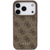 Brązowe etui na telefon z wzorem w ciemne, splecione litery oraz napisem "GUESS" na dole. Etui jest dopasowane do modelu telefonu z trzema widocznymi obiektywami aparatu.
