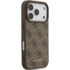 Brązowe etui na telefon z wzorem 4G i logo "GUESS" na dole, przeznaczone dla Apple iPhone 17 Pro. Etui posiada wycięcia na aparat i przyciski.