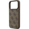 Brązowe etui na telefon z wzorem w ciemniejsze logo, z wycięciem na aparat i przyciski po boku. Na dole widoczny jest napis "GUESS".