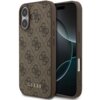 Brązowe etui na telefon z wzorem 4G i logo "GUESS" w dolnej części, zaprojektowane dla Apple iPhone 17. Etui ma wycięcia na aparat i przyciski boczne.