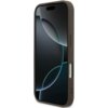 Brązowe etui na telefon z widocznymi przyciskami bocznymi, dopasowane do modelu iPhone. Na ekranie telefonu widoczny jest abstrakcyjny wzór z ciemnymi i jasnymi okręgami.