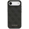 Czarne etui na telefon z teksturowanym wzorem i wytłoczonym logo "GUESS" w dolnej części. Wzór składa się z powtarzających się motywów, a etui ma wycięcia na aparat i przyciski.