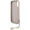 Etui w kolorze różowym z kolekcji GUESS 4G Charms Collection MagSafe do Apple iPhone 17, posiada otwory na aparat i przyciski oraz zawieszkę z ozdobnym elementem na łańcuszku. Wewnątrz etui widoczne jest wytłoczone logo "GUESS".