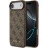 Brązowe etui na telefon z wzorem 4G i napisem "GUESS" na dole, zaprojektowane dla Apple iPhone Air. Etui ma wycięcia na aparat i przyciski, a jego powierzchnia jest ozdobiona powtarzającym się motywem.
