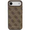 Brązowe etui na telefon z wzorem w ciemne, symetryczne logo oraz napisem "GUESS" na dole. Aparat telefonu jest widoczny w górnej części etui.