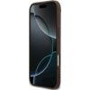 Brązowe etui na telefon z widocznym ekranem urządzenia, na którym wyświetlany jest abstrakcyjny wzór z ciemnymi i jasnymi okręgami. Etui ma wycięcia na przyciski i porty.