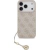 Etui na telefon w kolorze różowym z wzorem 4G i zawieszką, na którym widnieje napis "GUESS". Produkt posiada wycięcia na aparat i inne elementy telefonu.