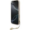 Etui na telefon w kolorze różowym z ozdobnym brelokiem w kształcie koła z wzorem. Na ekranie telefonu widoczny jest abstrakcyjny wzór z ciemnymi i jasnymi okręgami.
