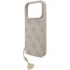 Etui w kolorze różowym z kolekcji GUESS 4G Charms Collection MagSafe do Apple iPhone 17 Pro, ozdobione jest wzorem z logo GUESS i posiada zawieszkę w kształcie charmsa. Na etui widoczny jest napis "GUESS".