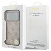Opakowanie etui GUESS 4G Charms Collection MagSafe do Apple iPhone 17 Pro w kolorze różowym, z widocznym logo GUESS i napisem "NEVER STOP DREAMING!! Paul Marciano". Na opakowaniu znajdują się również piktogramy przedstawiające cechy produktu oraz napis "M