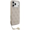 Różowe etui na telefon z wzorem 4G i napisem "GUESS" na dole, posiada trzy otwory na aparaty oraz dodatkowy otwór na lampę i czujnik. Etui wyposażone jest w ozdobny brelok na łańcuszku.