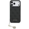 Czarne etui na telefon z wzorem 4G i napisem "GUESS" w dolnej części, posiada zawieszkę z metalowym elementem. Etui jest przeznaczone do modelu Apple iPhone 17 Pro Max i jest kompatybilne z MagSafe.