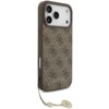 Brązowe etui na telefon z wzorem 4G i napisem "GUESS" na dole, posiada zawieszkę w kształcie ozdobnego elementu. Etui jest przeznaczone do modelu Apple iPhone 17 Pro Max i jest kompatybilne z MagSafe.
