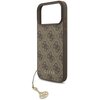 Brązowe etui na telefon z kolekcji GUESS 4G Charms Collection MagSafe do Apple iPhone 17 Pro Max, ozdobione wzorem z logo GUESS i dołączonym złotym brelokiem. Na etui widoczny jest napis "GUESS".