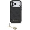 Czarne etui na telefon z wzorem 4G i napisem "GUESS" w dolnej części, posiada złoty brelok z logo. Etui jest przeznaczone do modelu Apple iPhone 17 Pro i obsługuje technologię MagSafe.