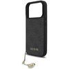 Czarne etui na telefon z teksturą w delikatny wzór, z widocznym złotym napisem "GUESS" na dole oraz złotym brelokiem przymocowanym do etui. Produkt jest przeznaczony do modelu Apple iPhone 17 Pro i posiada funkcję MagSafe.
