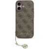 Brązowe etui na telefon z wzorem 4G i napisem "GUESS" na dole, posiada zawieszkę z metalowym emblematem. Etui jest przeznaczone do Apple iPhone 17 i kompatybilne z MagSafe.