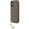 Brązowe etui na telefon z wzorem 4G i napisem "GUESS" na dole, posiada zawieszkę w kształcie ozdobnego logo. Etui jest przeznaczone do modelu Apple iPhone 17 i jest kompatybilne z MagSafe.