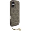 Brązowe etui na telefon z wzorem 4G i napisem "GUESS" na dole, posiada zawieszkę z ozdobnym elementem. Etui jest przeznaczone do modelu Apple iPhone 17 i jest kompatybilne z MagSafe.